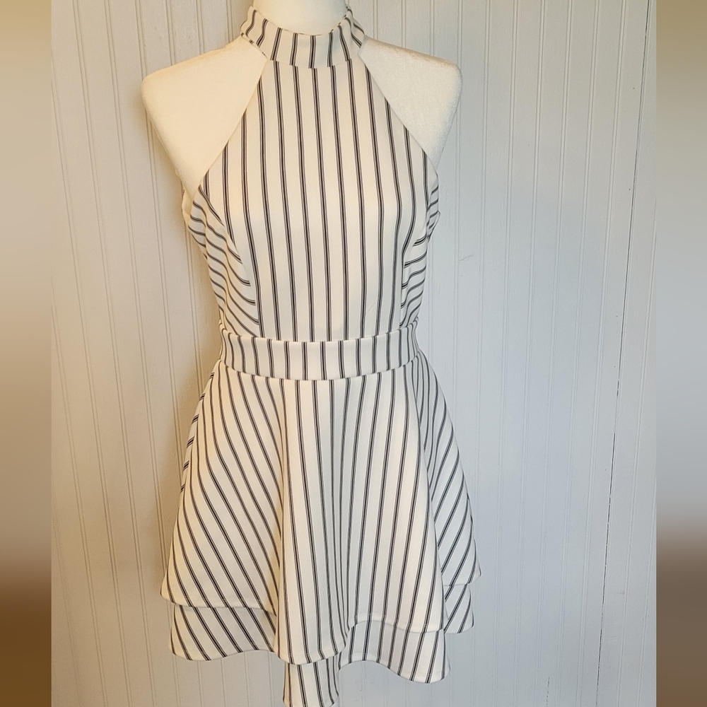 Sexy Skater Mini Dress*black and white striped*papaya Halter*Open Back*medium*
